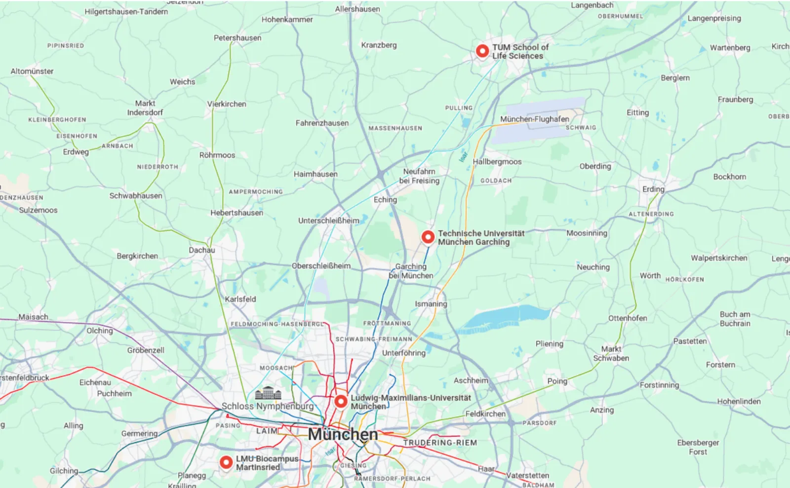 Karte der Hauptstandorte für Bioinformatik in München